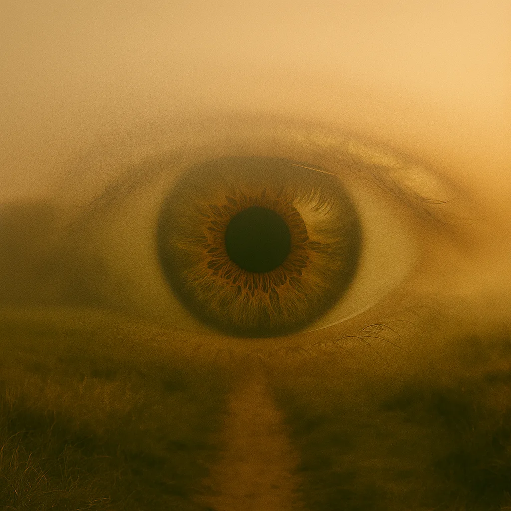 Ein Auge über einer nebligen Landschaft – Symbol für innere Wahrnehmung.