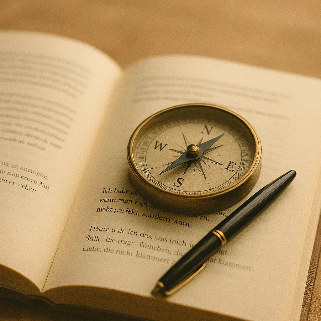 Ein aufgeschlagenes Buch mit Stift – Raum für Würde und Ausdruck.