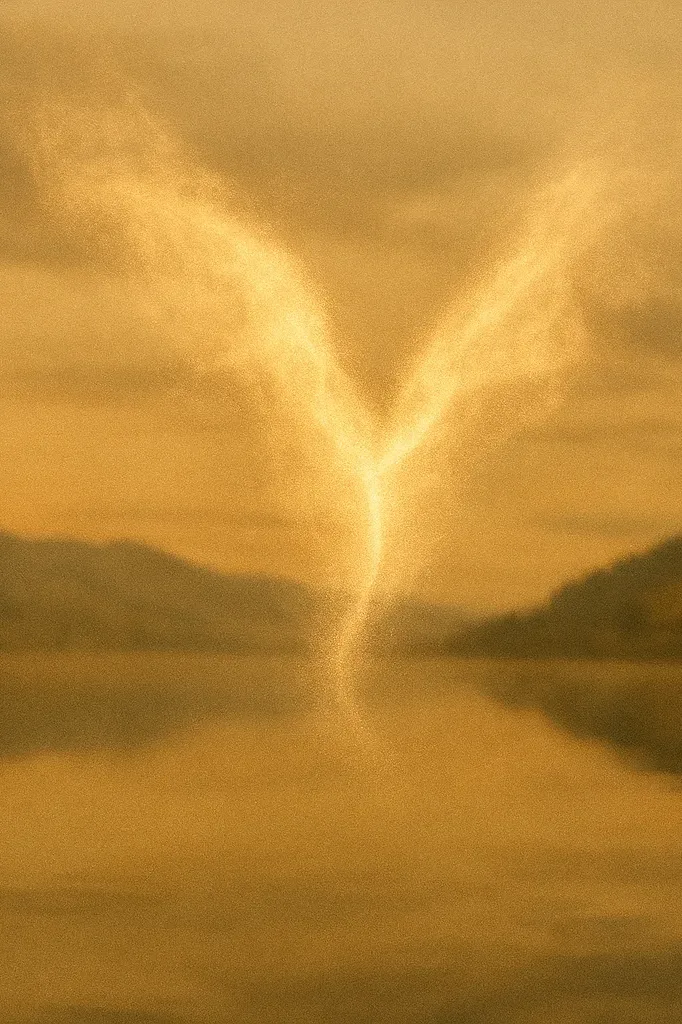 Zwei goldene Energiewolken berühren sich über einer sanften Landschaft mit See und Hügeln im Morgenlicht.