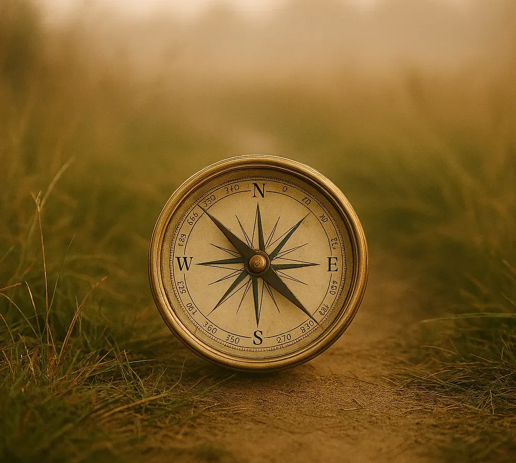 Ein Kompass in einer warmen Wiese – Symbol für stille Selbstführung.