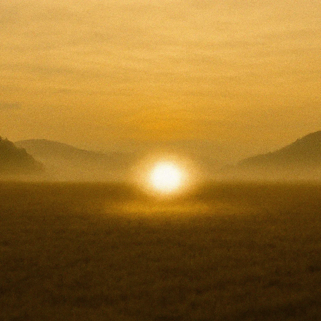 Goldener Lichtnebel in Form einer Pupille schwebt über einem offenen Feld im Morgenlicht, eingerahmt von sanften Hügeln.
