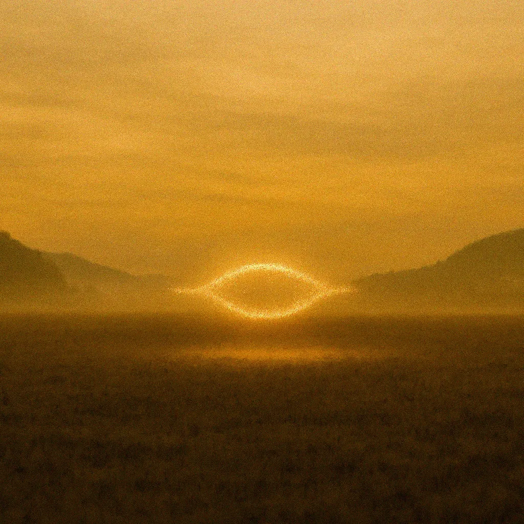 Eine sanft geschwungene goldene Energielinie schwebt über einem weiten Feld im Morgenlicht.