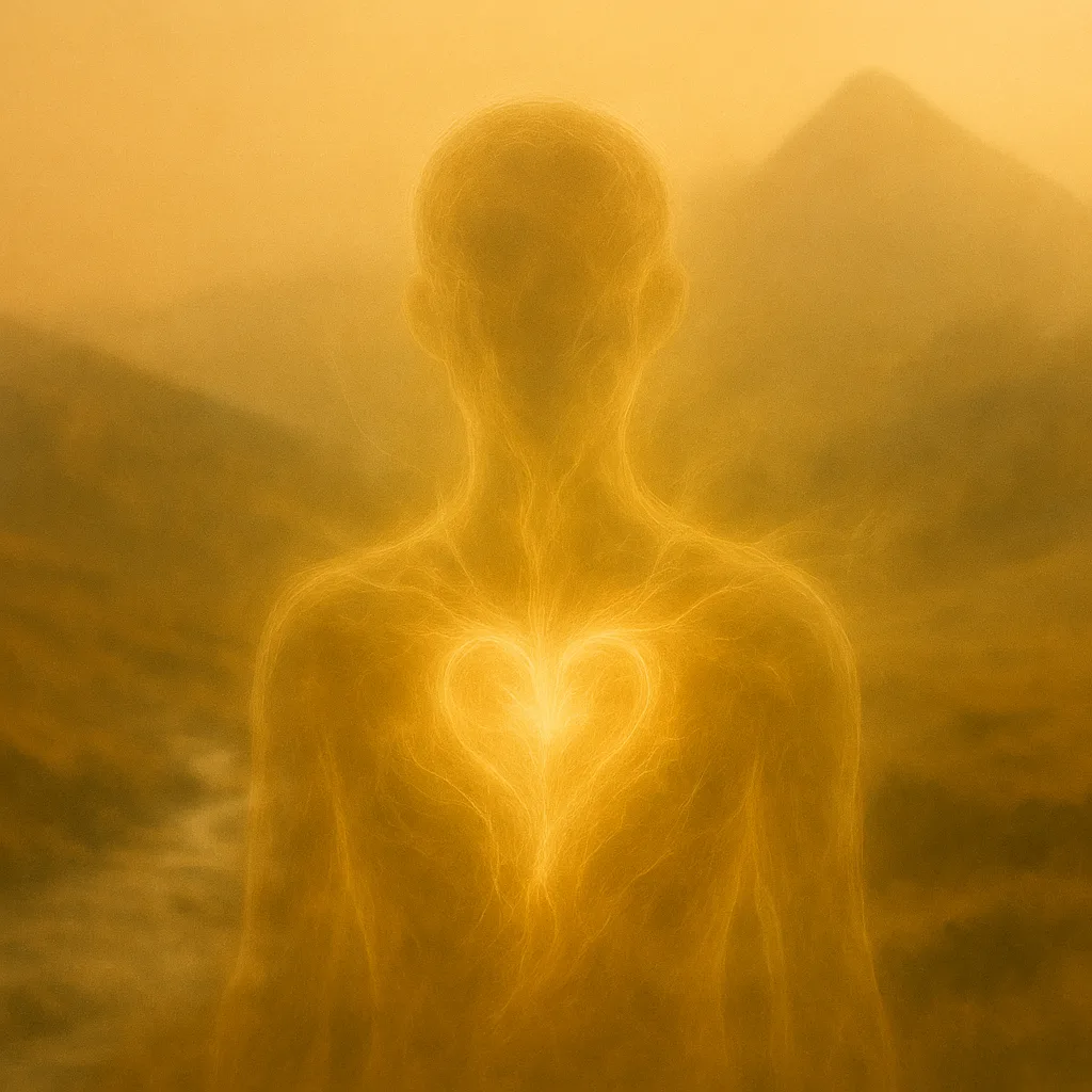 Silhouette mit leuchtendem Herz vor nebliger Berglandschaft – Symbol für körperliche Heilung.