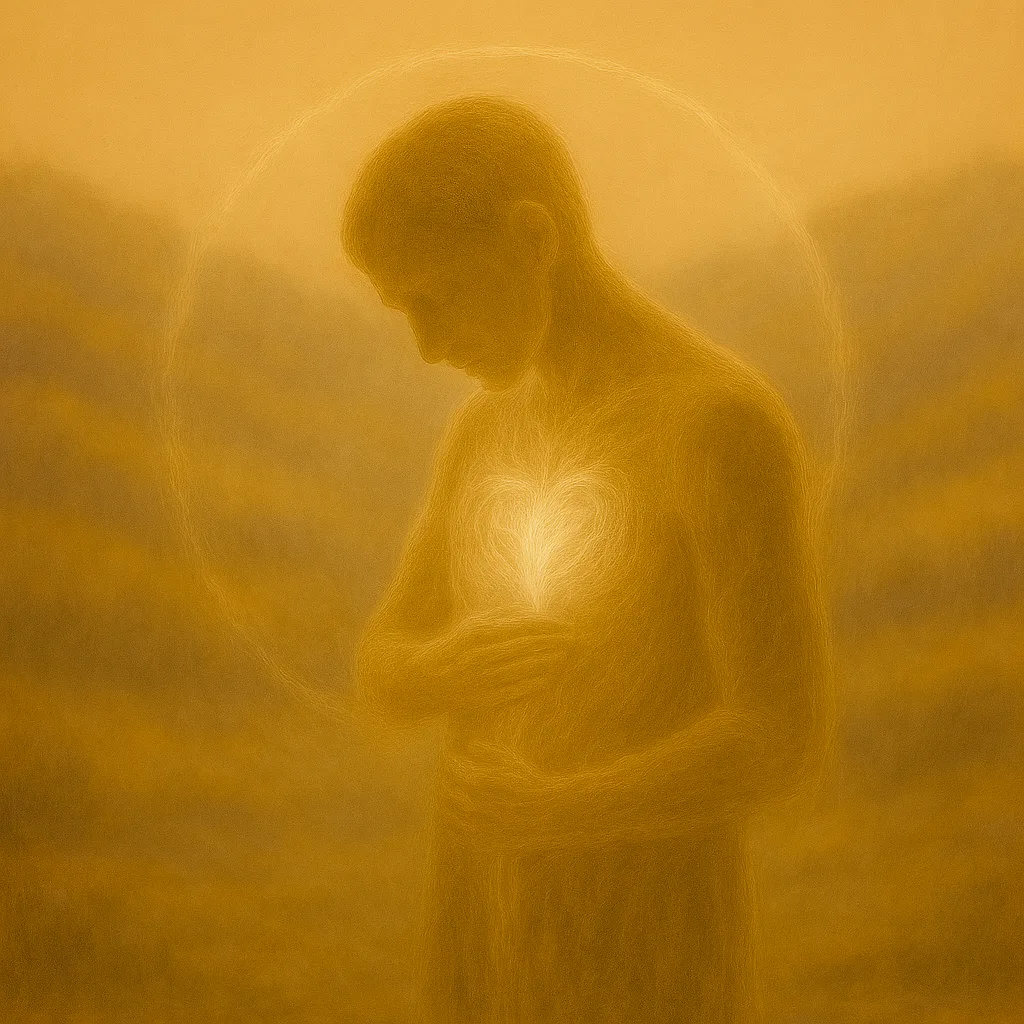 Silhouette mit Händen über dem Herzen, umgeben von Lichtbogen, vor nebliger Landschaft in Gold und Ocker.