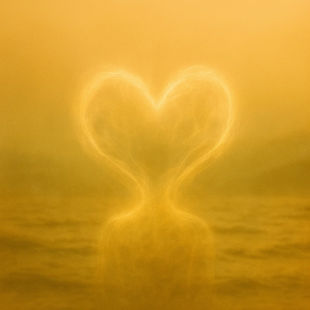 Leuchtendes Herz aus Lichtnebel vor ruhigem Meer – Symbol für Selbstführung aus dem Herzen.