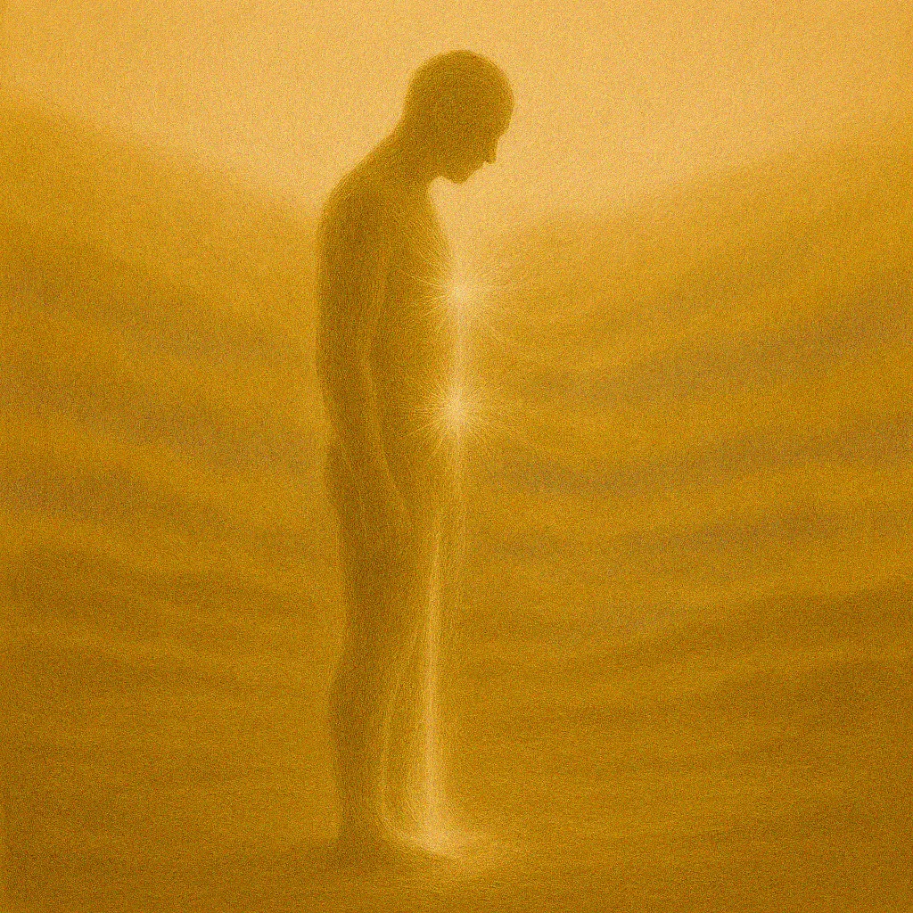 Silhouette steht barfuß auf dem Boden, Licht strömt von den Füßen in die Erde, vor Hügeln im goldenen Nebel.