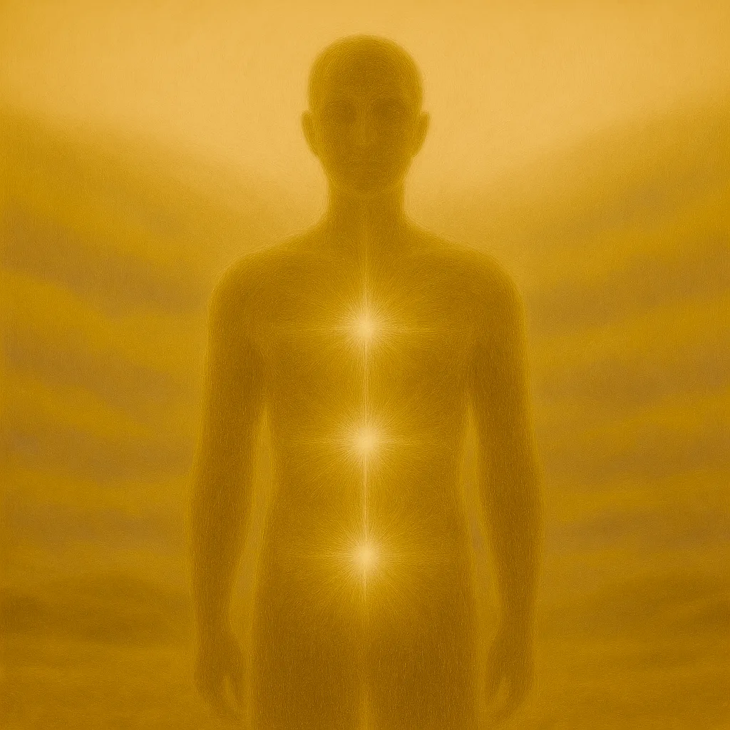 Silhouette leuchtet von innen, Licht strömt aus Brust, Bauch und Becken, vor goldener Nebellandschaft mit Hügeln.
