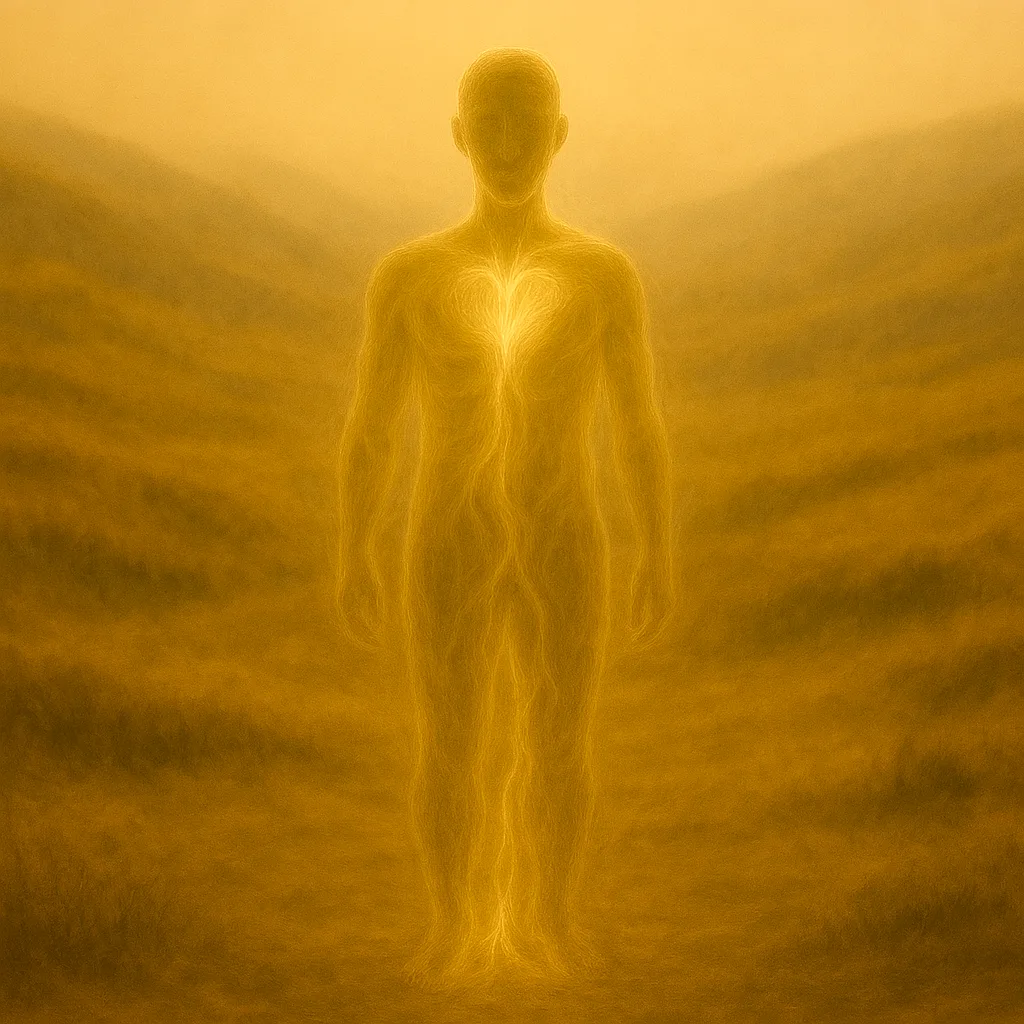 Silhouette aus Lichtnebel, Energie fließt vom Körper in die Erde, vor weichen Hügeln im Nebel.“