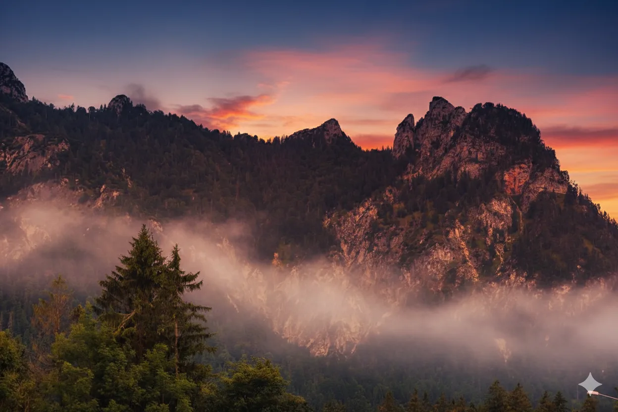 Profilansicht der Felsformation Schlafende Hexe im Lattengebirge bei Bad Reichenhall im Abendrot mit aufsteigendem Nebel.