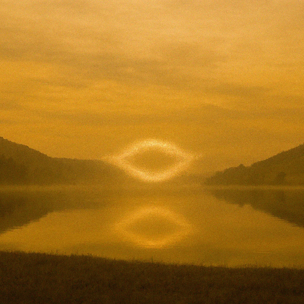 Goldene Energiewolke breitet sich über einem stillen See im Morgenlicht aus, eingerahmt von sanften Hügeln.
