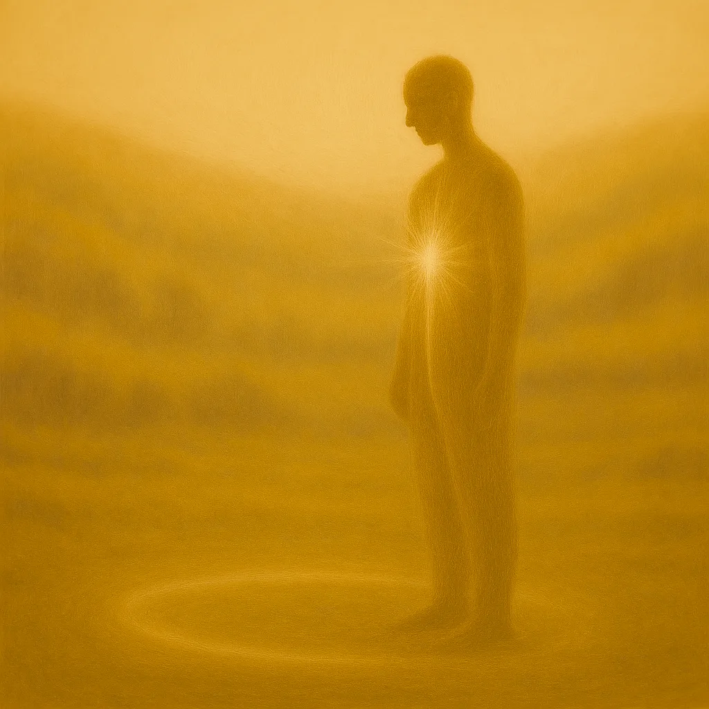 Silhouette tritt bewusst aus Lichtkreis heraus, vor nebliger Landschaft mit goldenem Horizont und viel Raum.