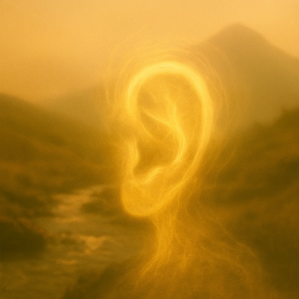 Leuchtendes Ohr aus Lichtnebel vor Bach und Berg – Symbol für hörende Wahrheit in Stille.