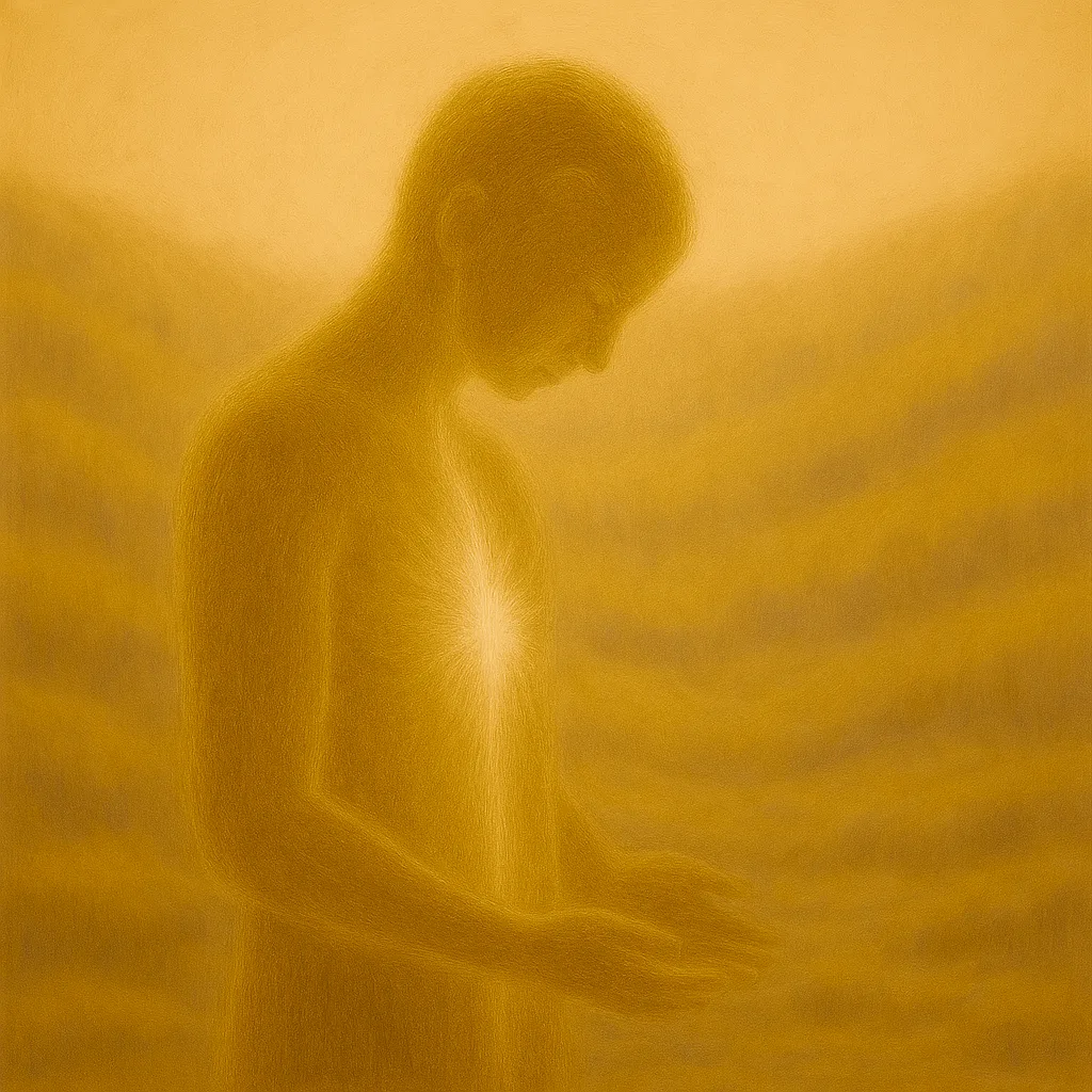 Silhouette schaut sich selbst an, Licht fließt vom Kopf in den Bauch, vor goldenen Hügeln im Nebel.