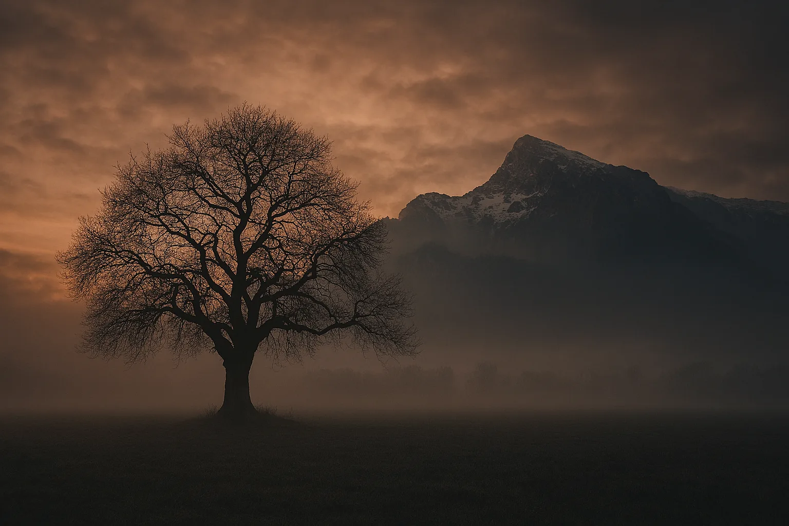 Mystisches Landschaftsbild mit einem alten Birnbaum im Nebel auf dem Walserfeld, dahinter der Untersberg als dunkle Silhouette im Dämmerlicht.