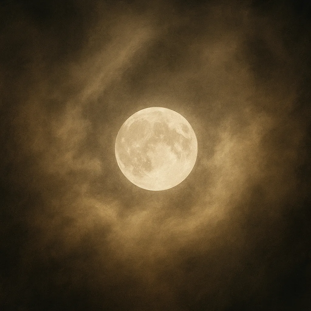 Vollmond umgeben von goldweißen Energiewolken in ruhiger, nebliger Atmosphäre