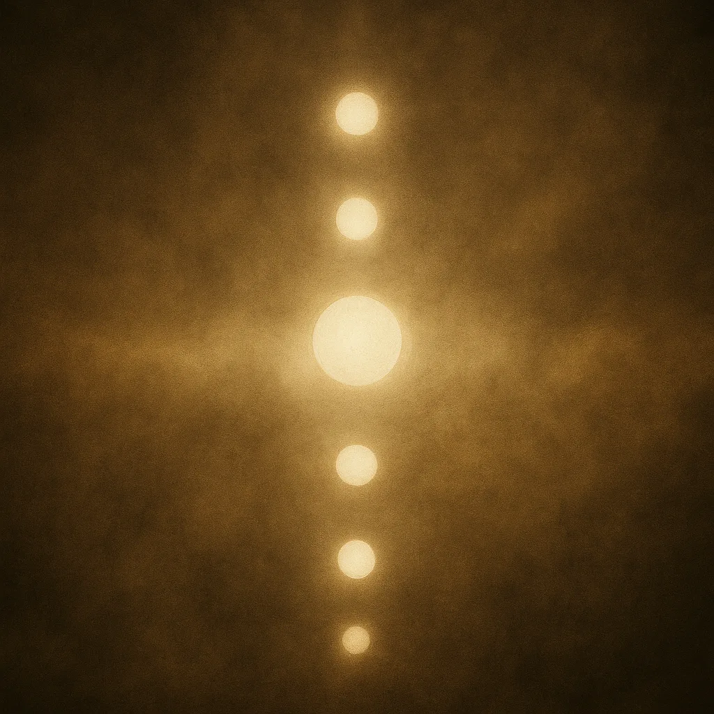 Sieben goldweiße Lichtpunkte in nebligen Energiewolken, symbolische Darstellung innerer Ordnung
