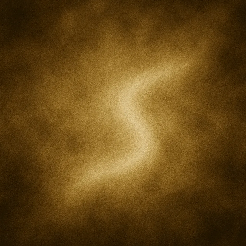 Goldener, geschwungener Lichtstrom in nebliger Atmosphäre – abstraktes energetisches Echo